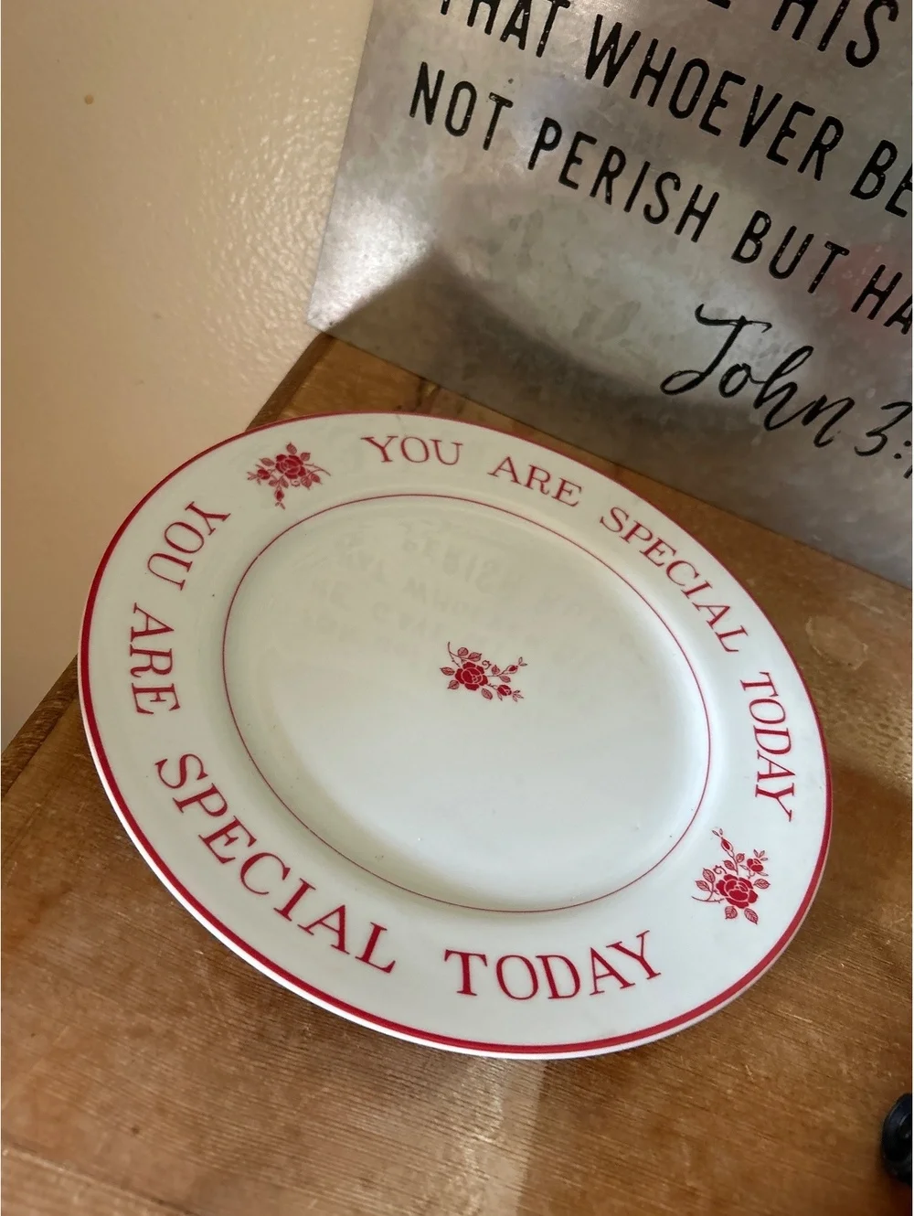 Vintage White Ceramic Plate with Red Floral Design and 'You Are Special Today' S